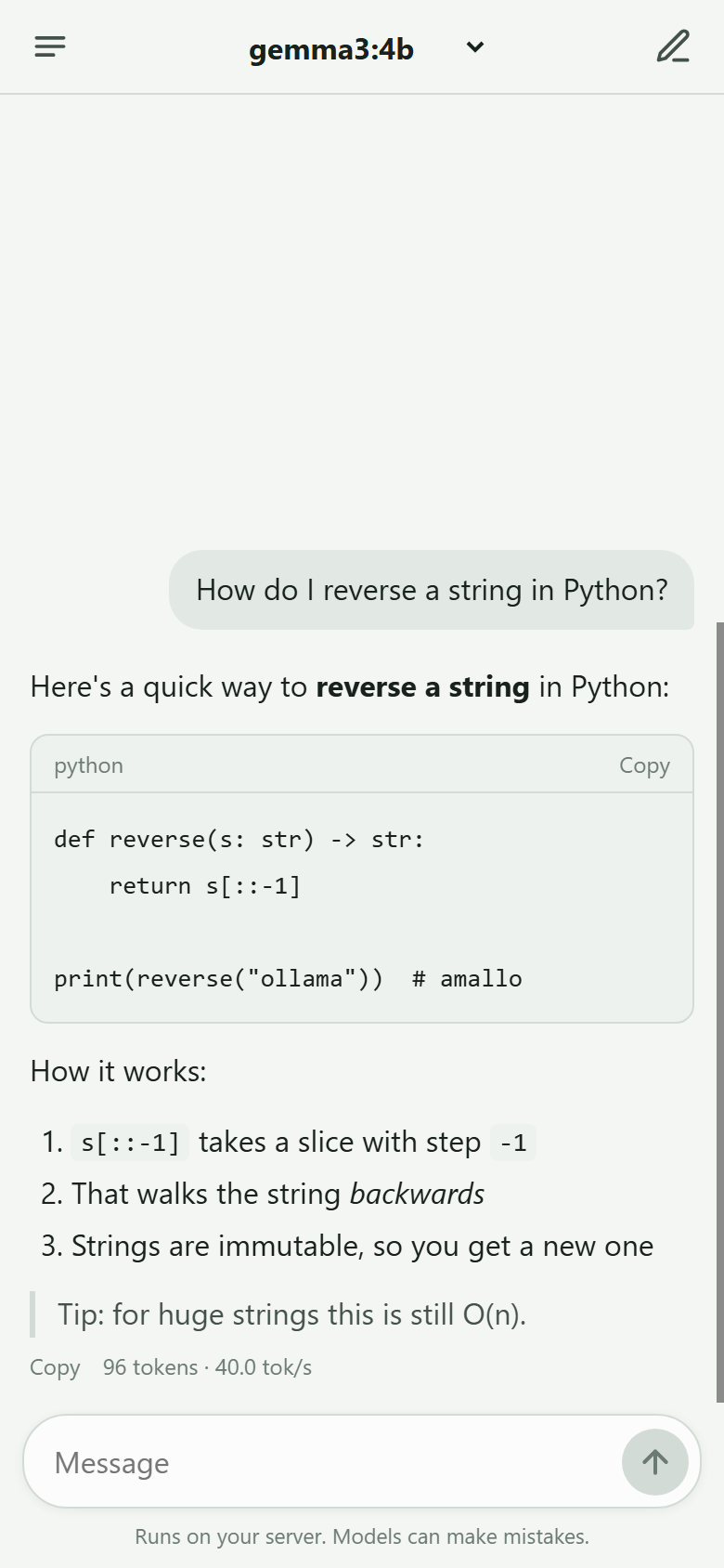 The chat page on a phone, showing a streamed answer with a Python code block